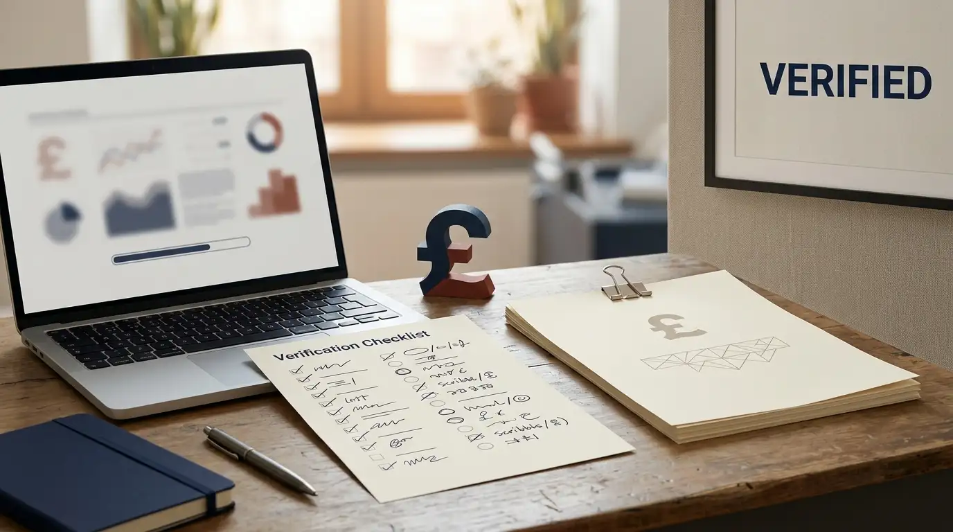 Editorial illustration of a laptop, verification checklist and GBP-themed review notes